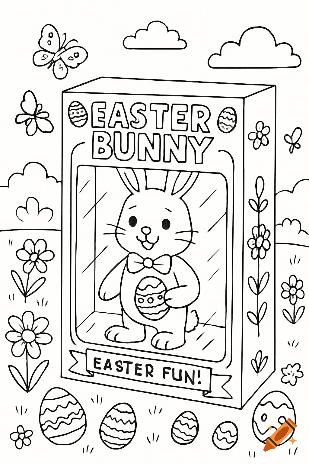 Black and white line art coloring page of an Easter Bunny figurine in a box, surrounded by flowers, butterflies, and Easter eggs in a garden.