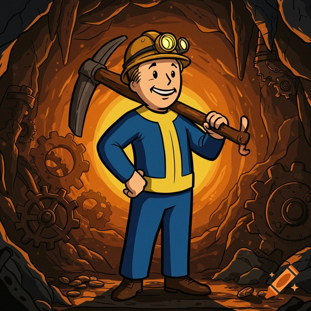 Cartoon Vault Boy wearing a miner's hat, holding a pickaxe, and giving a thumbs up in a glowing mine with gears.