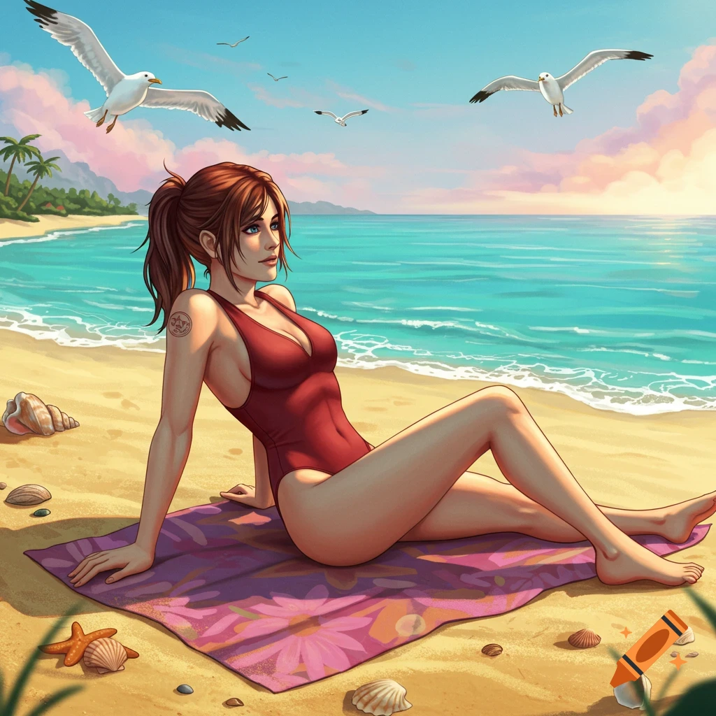 An anime-style illustration of a woman in a red swimsuit relaxing on a beach towel by the ocean, with seagulls flying overhead.