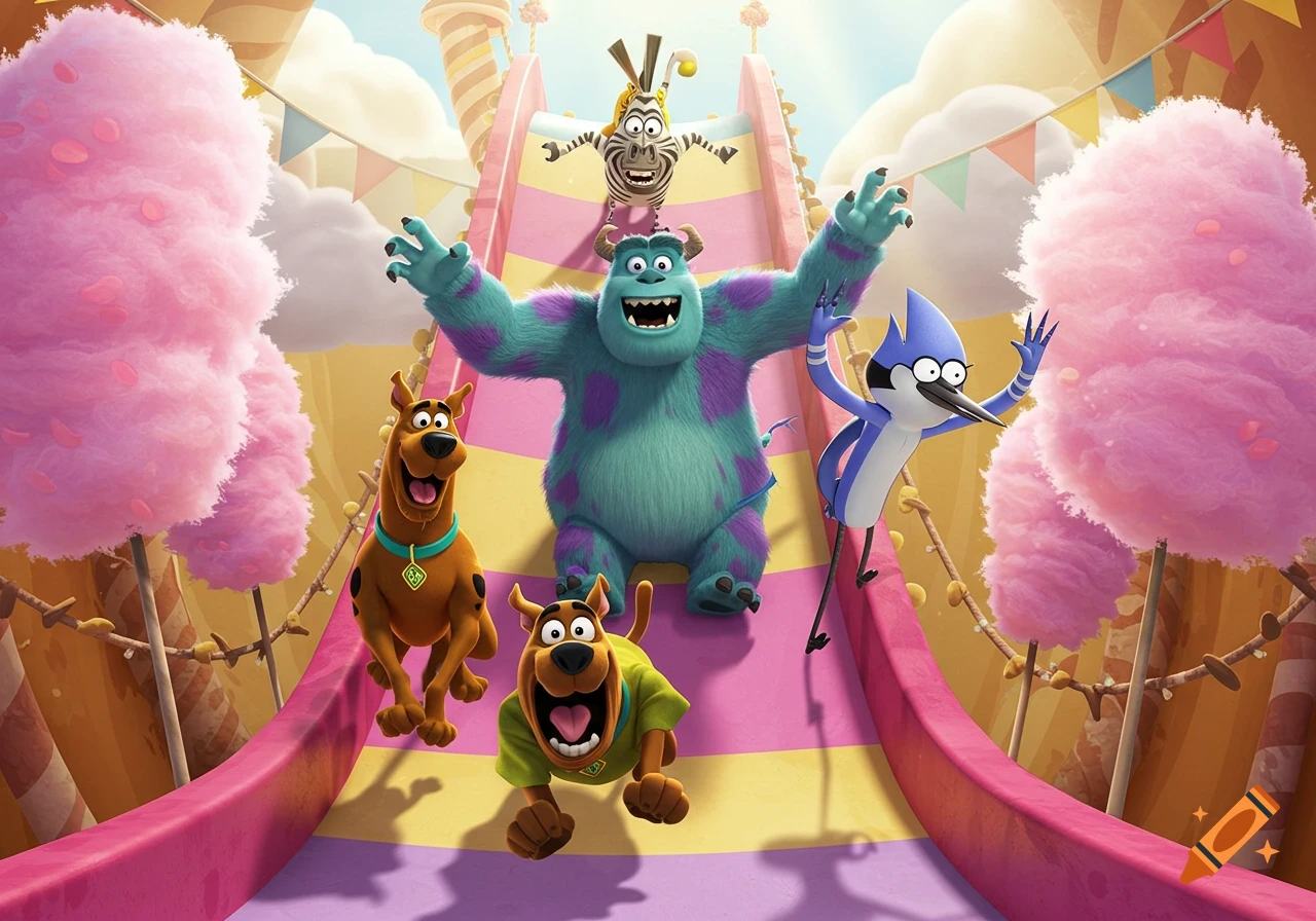 Scooby-Doo, Sully, Marty the zebra, and Mordecai sliding down a colorful funhouse slide amidst pink cotton candy trees.