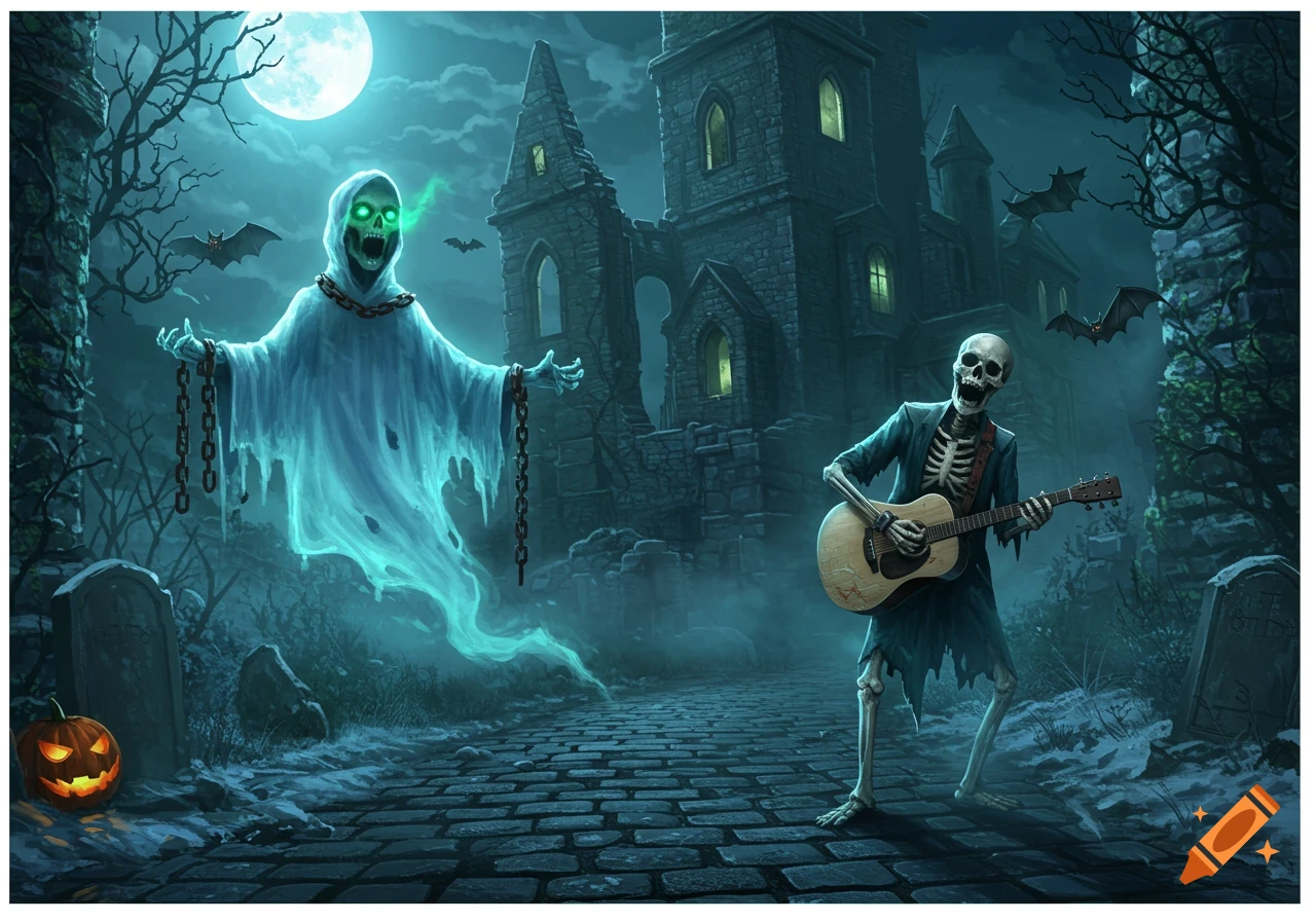 A spooky illustration of a ghost with chains and a skeleton playing guitar on a stone path in front of a haunted castle under a full moon.