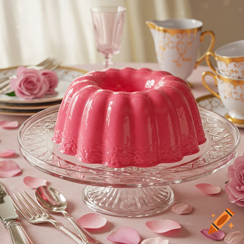Bright pink gelatin pudding on a glass stand, surrounded by rose petals, silverware, and elegant china on a pink table.