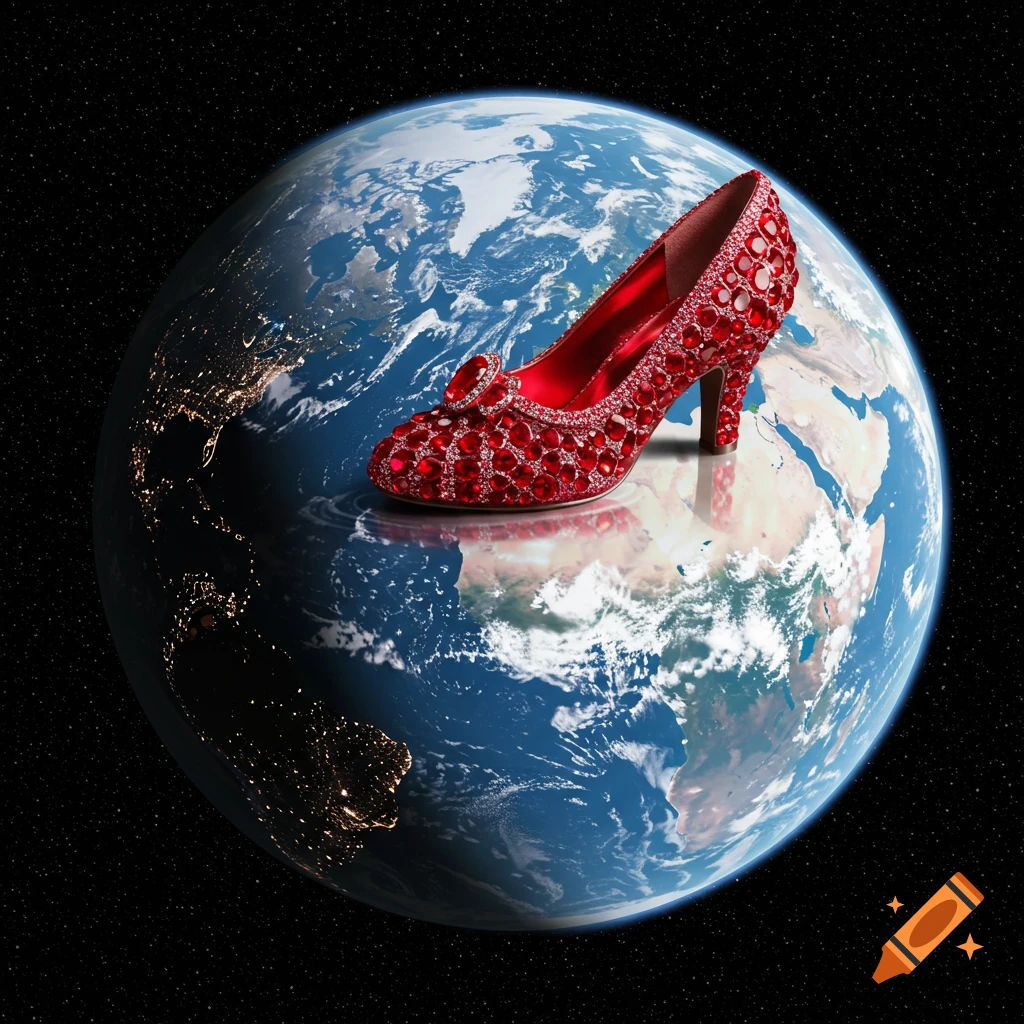 A photorealistic ruby slipper with sparkling red gems rests on the planet Earth, seen from space with visible city lights.