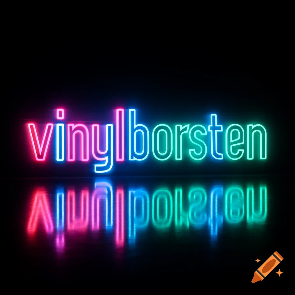 Neon text 'vinylborsten' glowing in pink, blue, and green on a black background with a reflection.