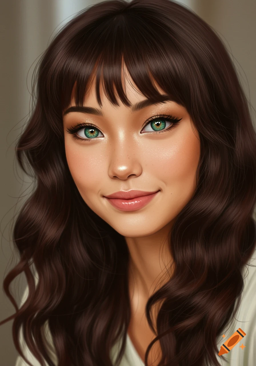 Semi-realistic portrait of a young woman with long dark auburn hair ...