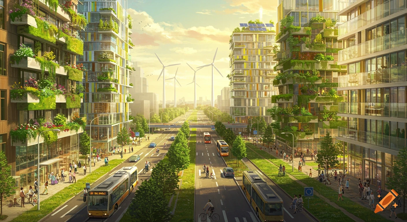 A bright, modern green city with buildings covered in plants, solar panels, wind turbines, electric buses, and people walking and biking on green streets.