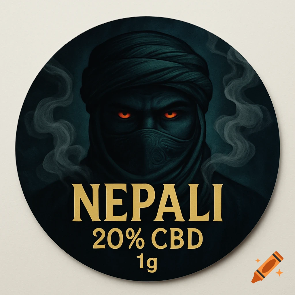 A dark, round sticker featuring a stylized man with a covered face and glowing red eyes, surrounded by smoke. Text: 'Nepali 20% CBD 1g'.