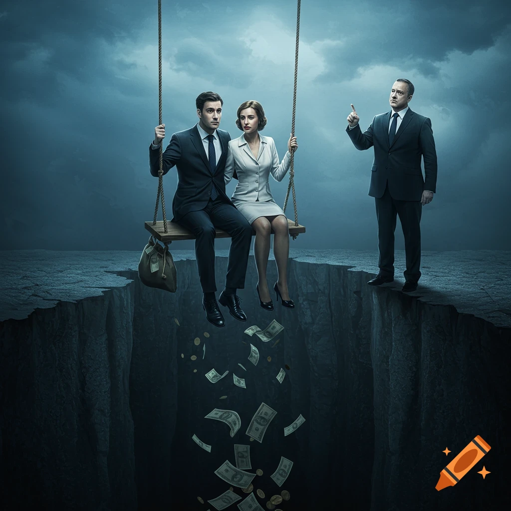 A couple in suits sits on a swing suspended over a dark abyss, with money falling from their pockets. A man in a suit stands beside them, pointing.