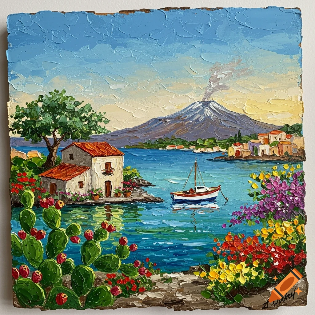 Vibrant textured palette knife painting of a Sicilian coastal landscape with a smoking volcano, white house, boat, and colorful flowers.