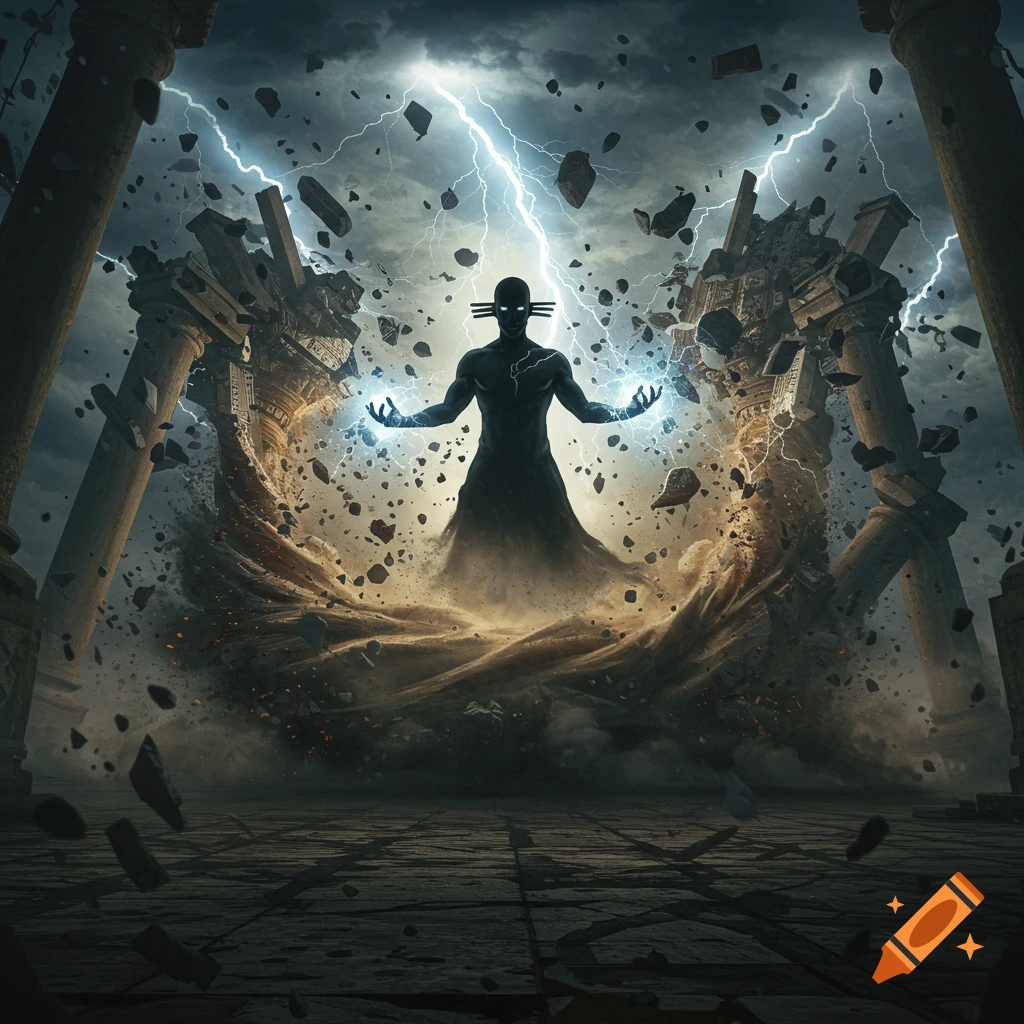 Dark figure with glowing hands amidst crumbling ancient ruins, summoning energy under a stormy, lightning-filled sky.