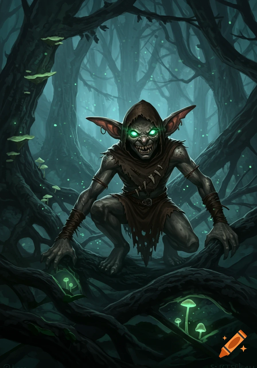 Menacing goblin with glowing green eyes crouches in a dark, mystical forest with glowing mushrooms, fantasy illustration.