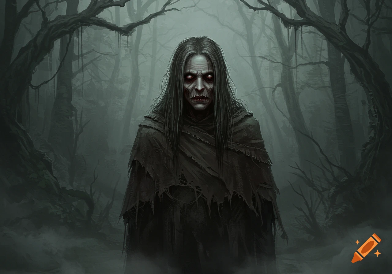 A pale, gaunt figure with long grey hair and glowing red eyes stands in ...