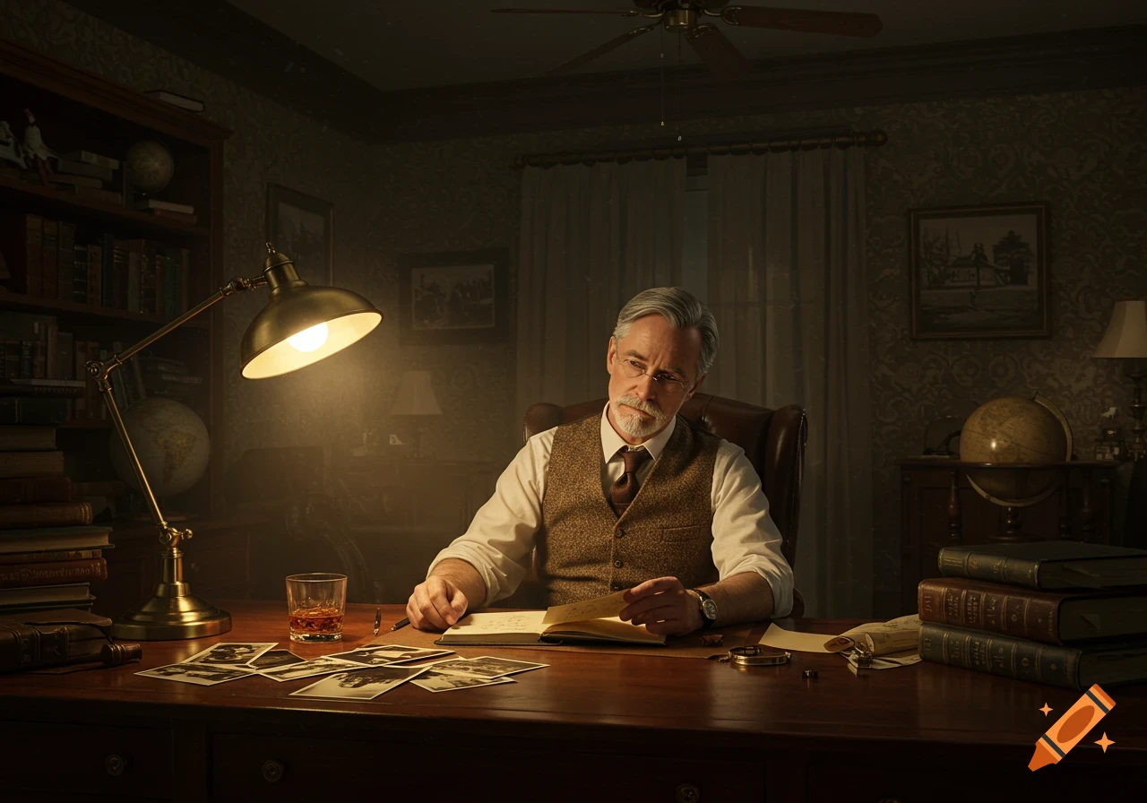 A distinguished, gray-haired man in a vintage office sits at a desk under a bright lamp, looking at an open book with photos and a drink nearby.