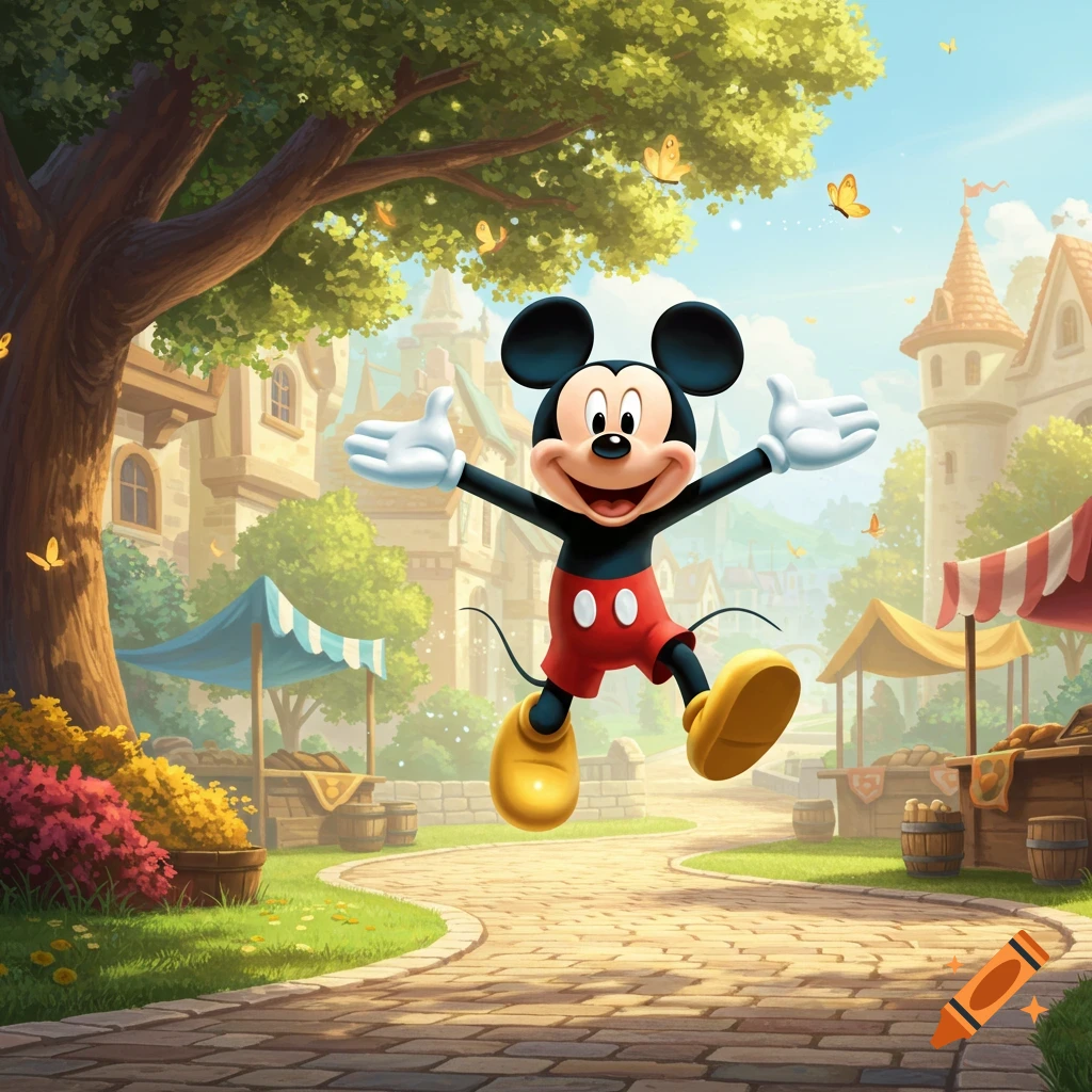 Mickey Mouse leaps joyfully with arms outstretched in a vibrant, fairytale-like village square with market stalls, trees, and butterflies.