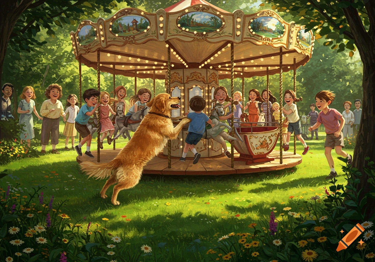A golden retriever playfully nudges a boy on a merry-go-round in a sunny, illustrated park filled with children.
