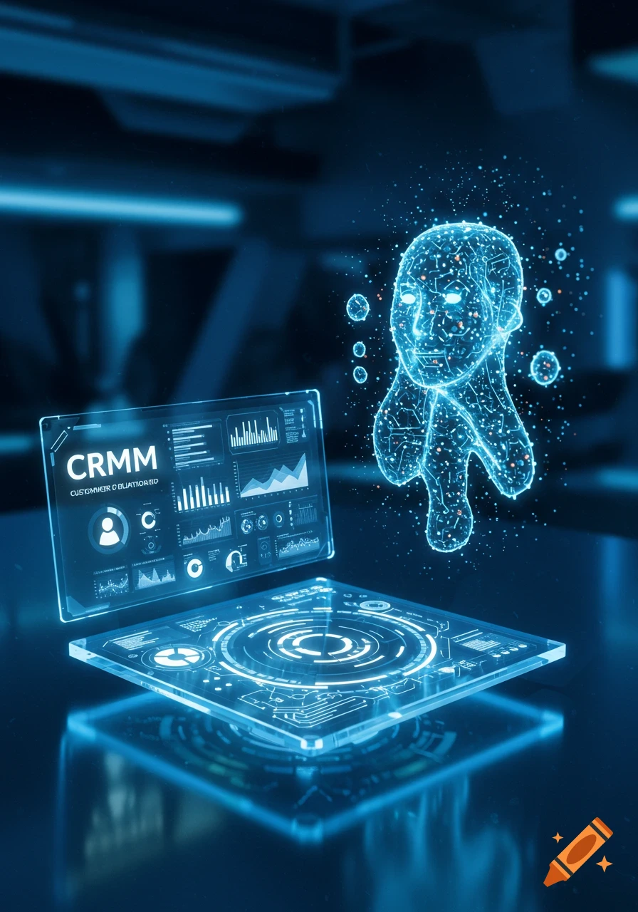 Holographic screen displaying CRM data and charts, with a glowing, circuit-patterned AI agent figure floating above a reflective surface.