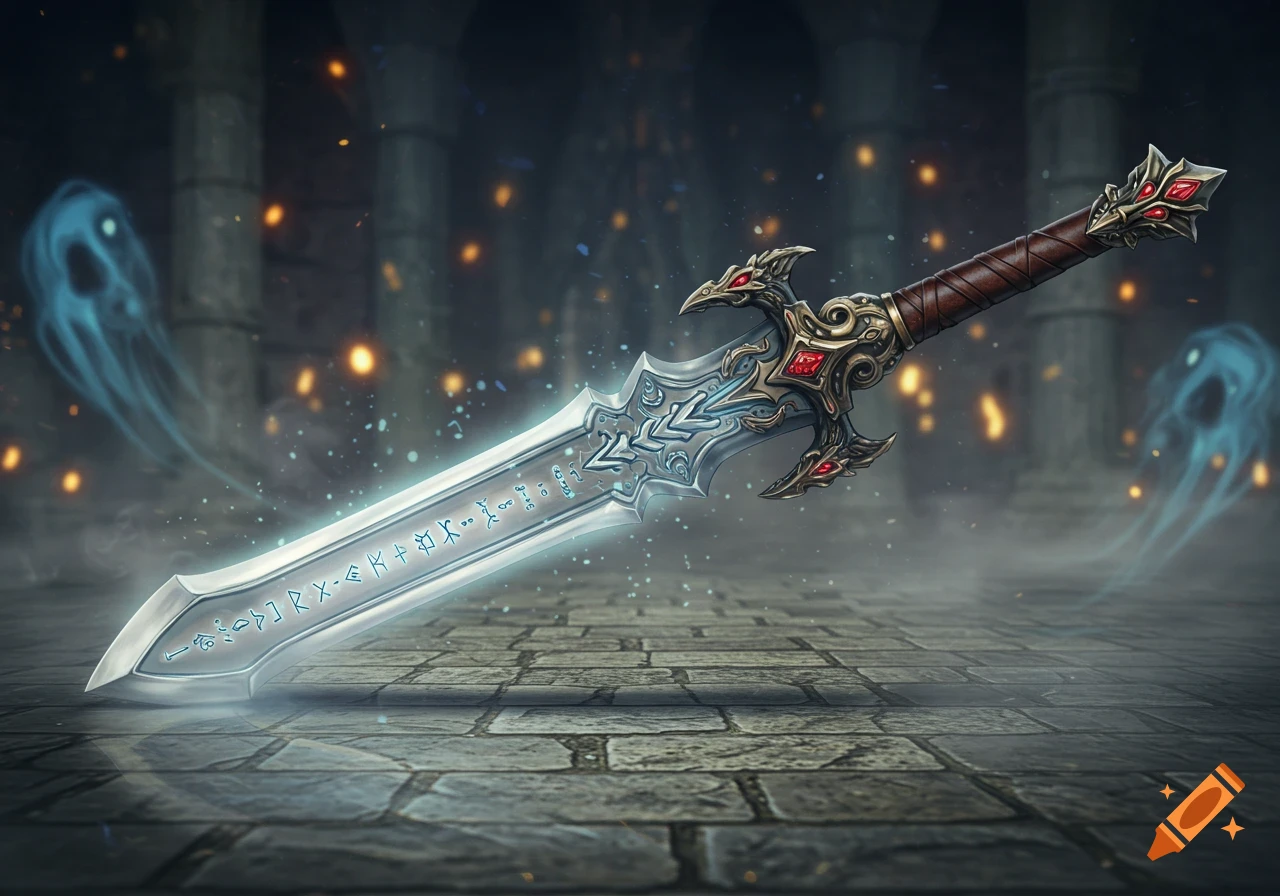 A highly detailed fantasy greatsword with a glowing blue runic blade and ornate red-gemmed hilt, resting on stone in a dark, ancient hall.