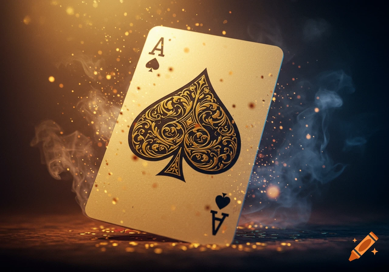 A dramatic close-up of a golden Ace of Spades playing card, surrounded by sparkling gold dust and wisps of smoke.