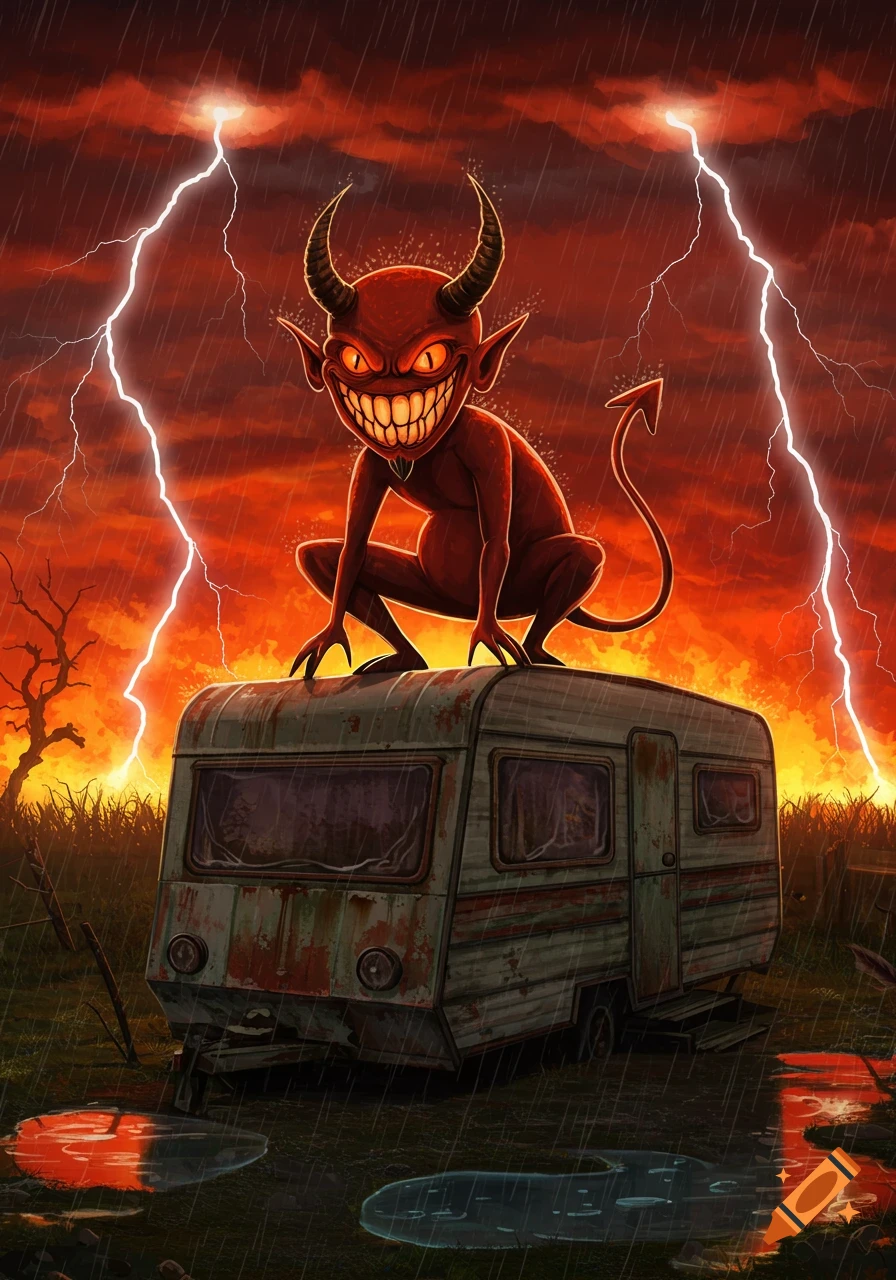 Cartoon devil squats on an old caravan in an apocalyptic storm with red skies and lightning.