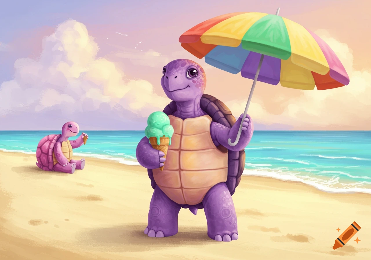 A cute purple cartoon turtle stands on a sandy beach, holding a green ice cream and a colorful umbrella. A pink turtle sits in the background near the ocean.