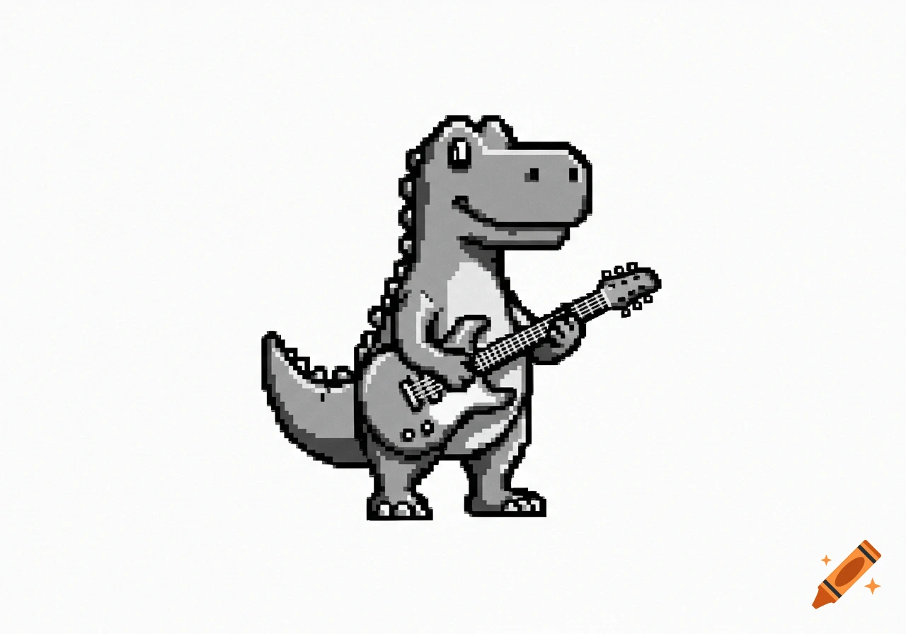 Black and white pixel art of the Google Chrome dinosaur playing an electric guitar on a white background.