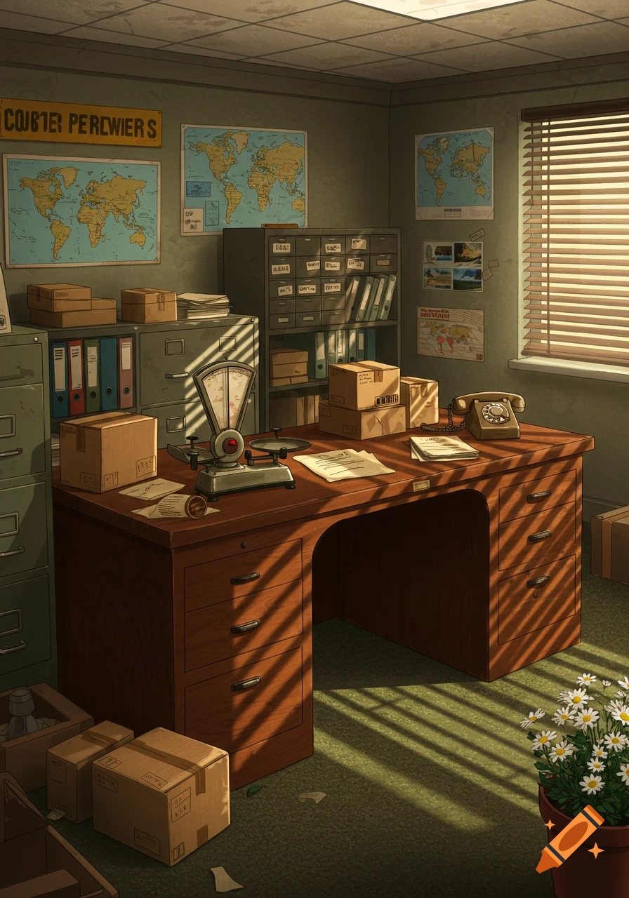An anime-style illustration of a retro courier office with a wooden desk, postal scale, boxes, filing cabinets, and world maps on the wall, sunlit by a window.