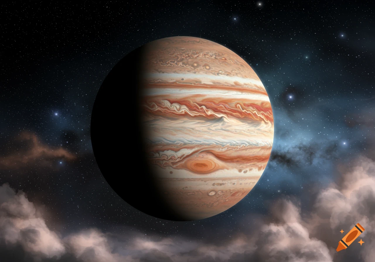 Detailed view of the gas giant Jupiter with swirling orange and white clouds, set against a dark starry space with colorful nebulae.