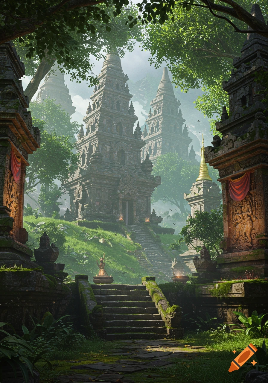 Hyperrealistic concept art of ancient stone temples with intricate details nestled in a lush green jungle, bathed in ambient lighting and mist.