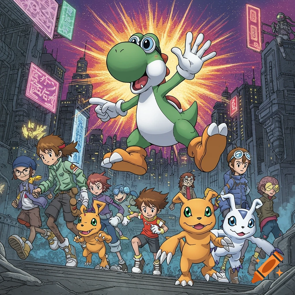 Yoshi jumps above a group of Digimon and human characters running through a gritty cyberpunk city with glowing signs, in a comic book art style.