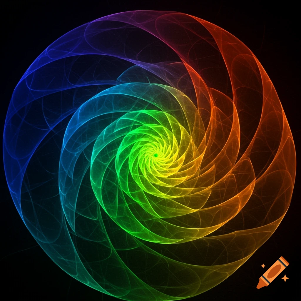 A vibrant rainbow-colored Fibonacci spiral with glowing edges, transitioning from blue to green to yellow to orange, on a black background.