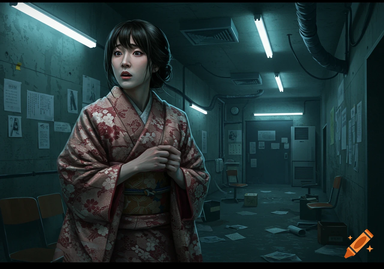 A panicked Japanese woman in a kimono stands in a dimly lit, dirty industrial corridor with papers scattered on the floor and walls, in a photorealistic style.