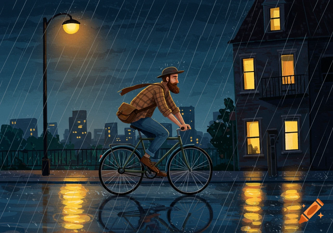 An illustration of a bearded man in a plaid shirt and hat riding a bicycle on a wet city street at night in the rain.