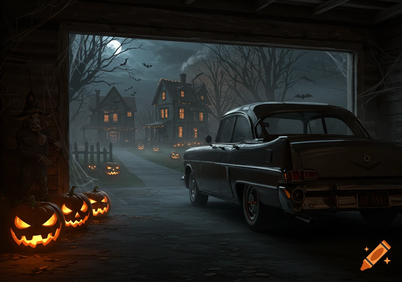 A classic car in a garage views a spooky Halloween neighborhood with glowing pumpkins, houses, and bats under a full moon.