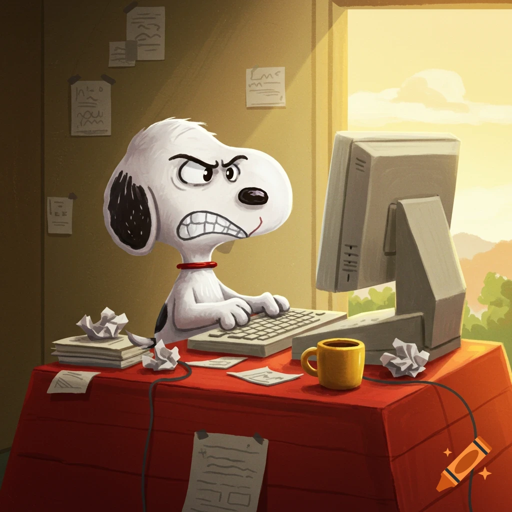 Angry Snoopy types furiously on an old computer at a messy red desk, bathed in warm sunlight.