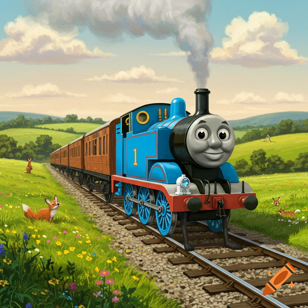 Thomas the Tank Engine with human-like legs walks on train tracks through a bright, green countryside with hills, clouds, and small animals.