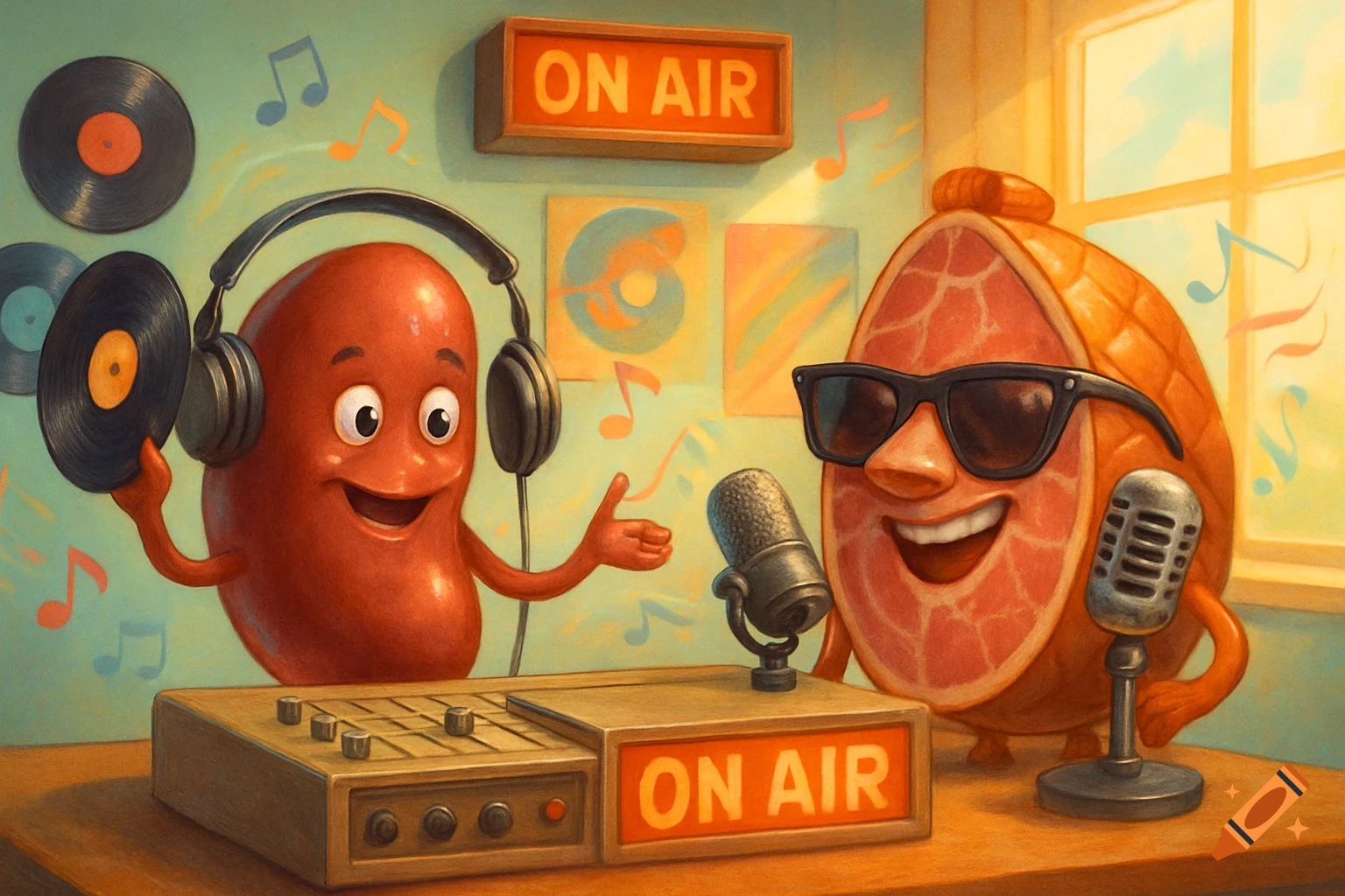 Smiling cartoon bean and ham characters are radio deejays with microphones and 'ON AIR' signs.
