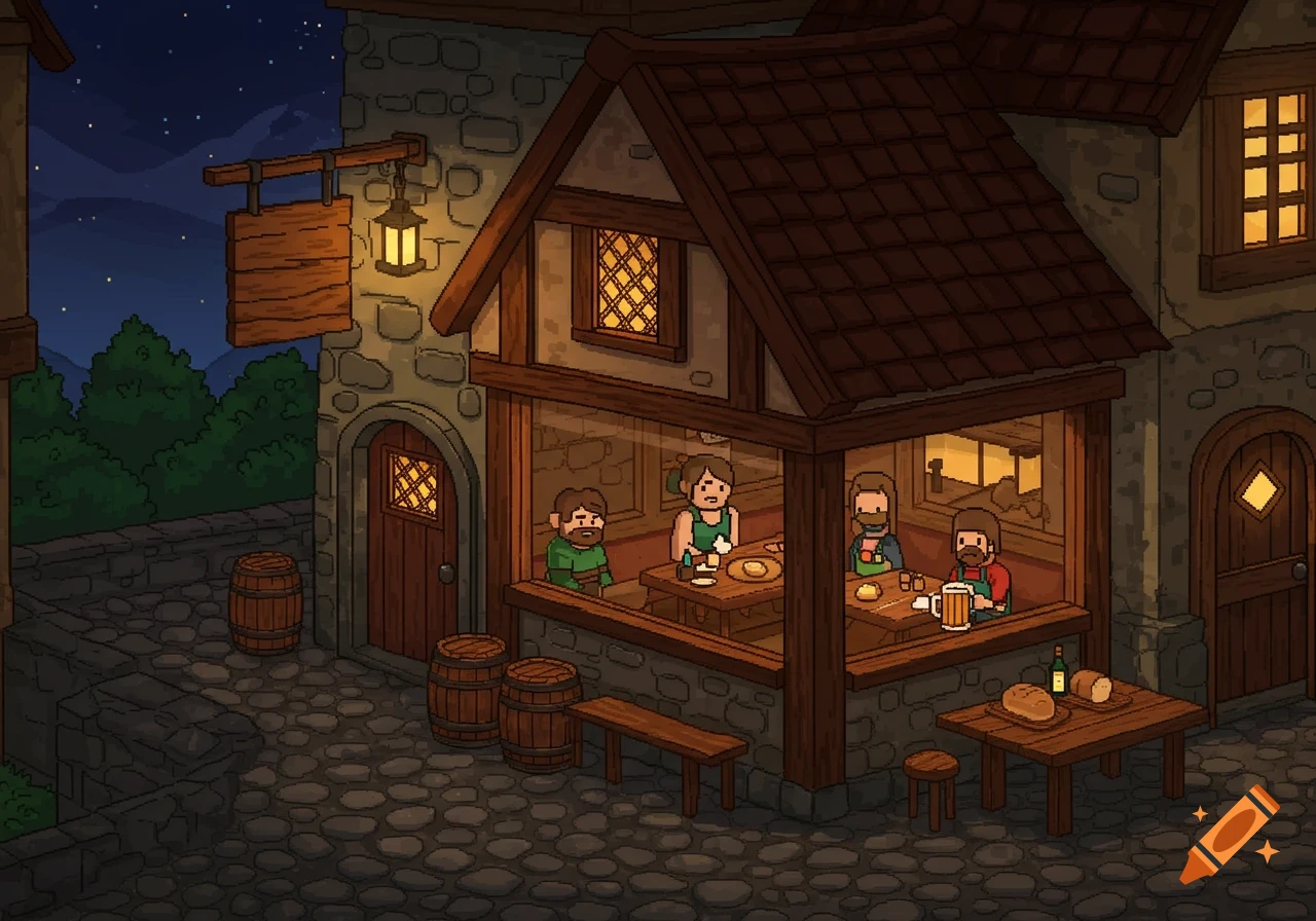 Isometric pixel art illustration of a cozy medieval tavern at night, with patrons drinking inside and barrels outside.