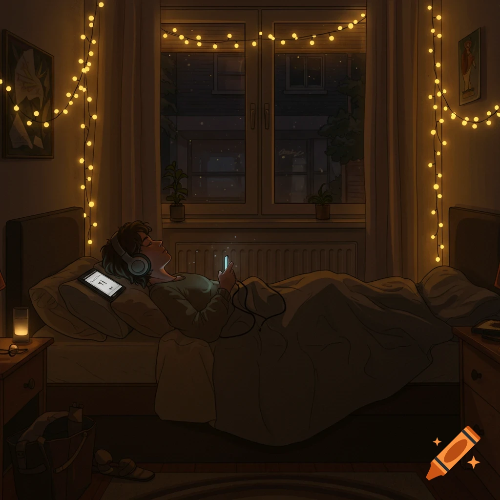 An illustration of a person with headphones on, lying in bed at night, looking at their phone, illuminated by string lights.
