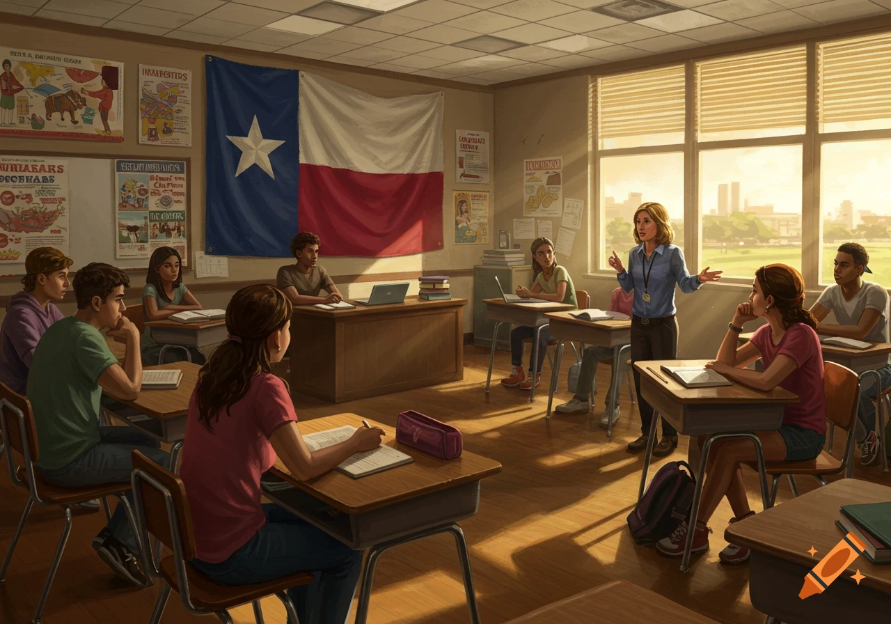 A female teacher stands at the front of a sunlit classroom, gesturing to a group of teenage students seated at desks, with a large Texas flag displayed on the wall.
