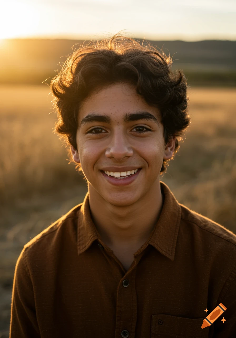 A smiling teenage boy with dark curly hair and brown eyes wearing a brown shirt, backlit by the golden sunset in a field.