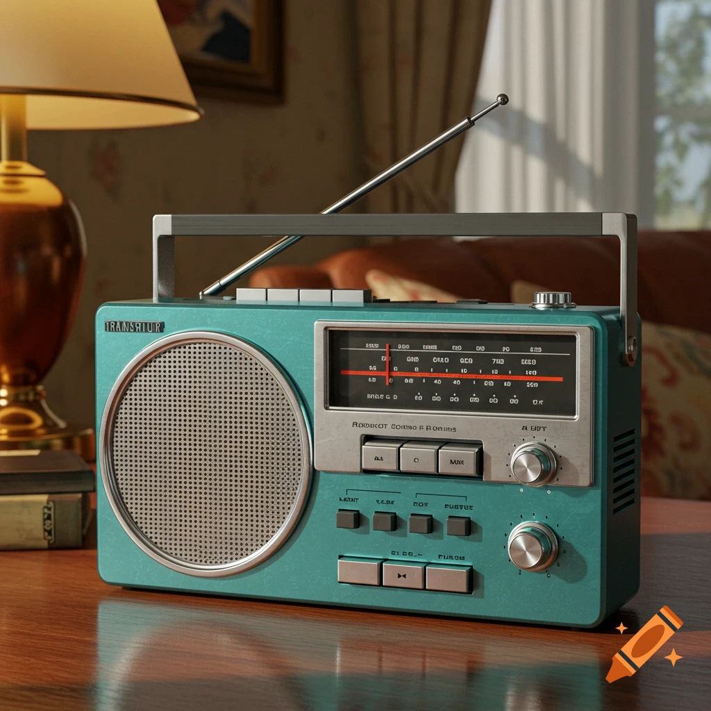 A teal vintage transistor radio with a silver speaker and tuning dial sits on a wooden table, with a lamp in the background.