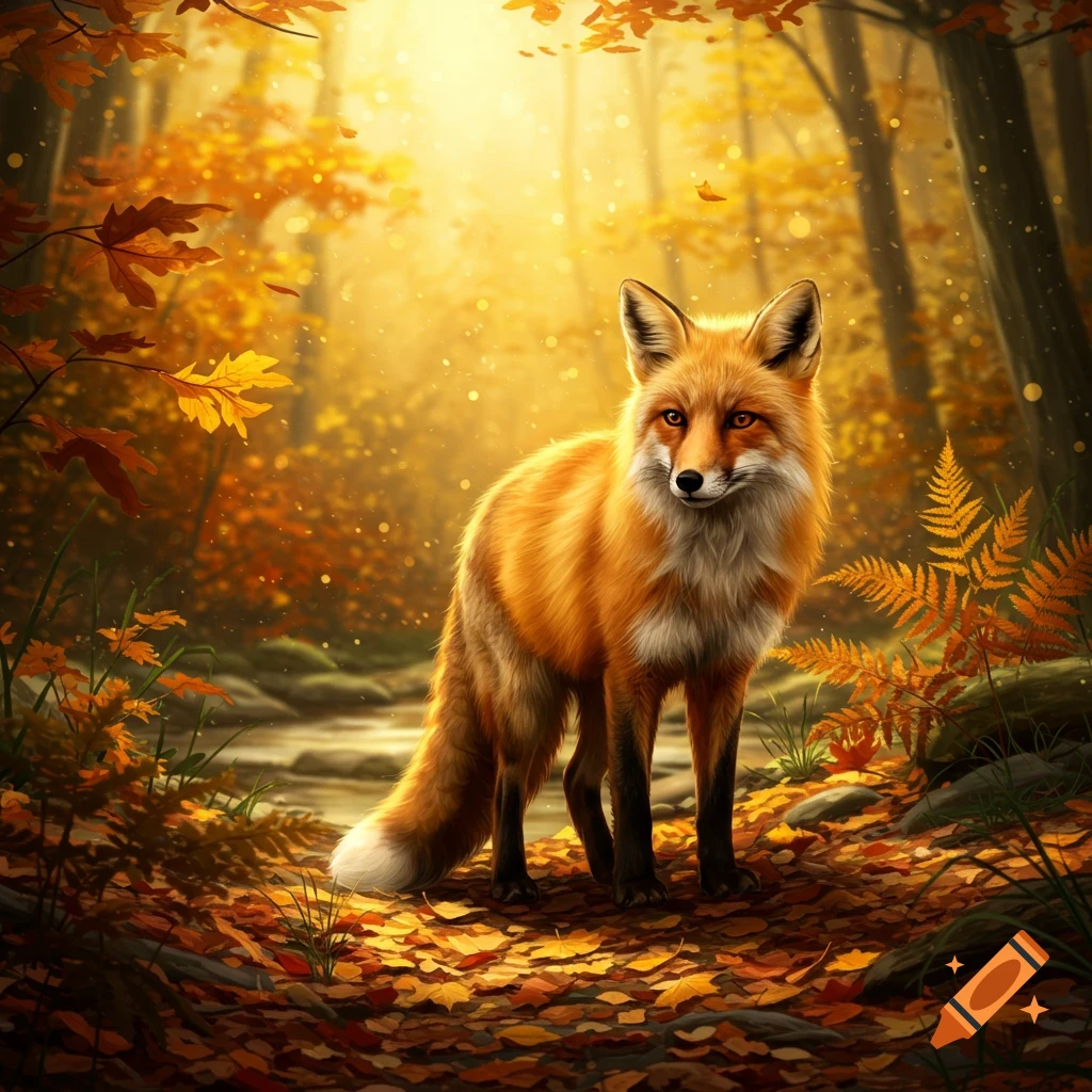 A red fox stands in a sunlit autumn forest filled with orange and yellow leaves.