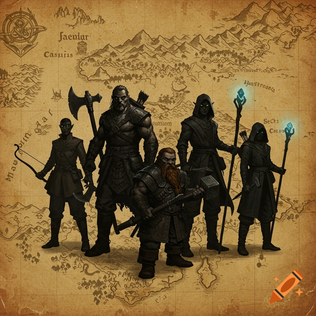 A fantasy map background with an adventuring party depicted as stylized, dark figures wielding various weapons and staffs. Text labels for locations are scattered across the map.