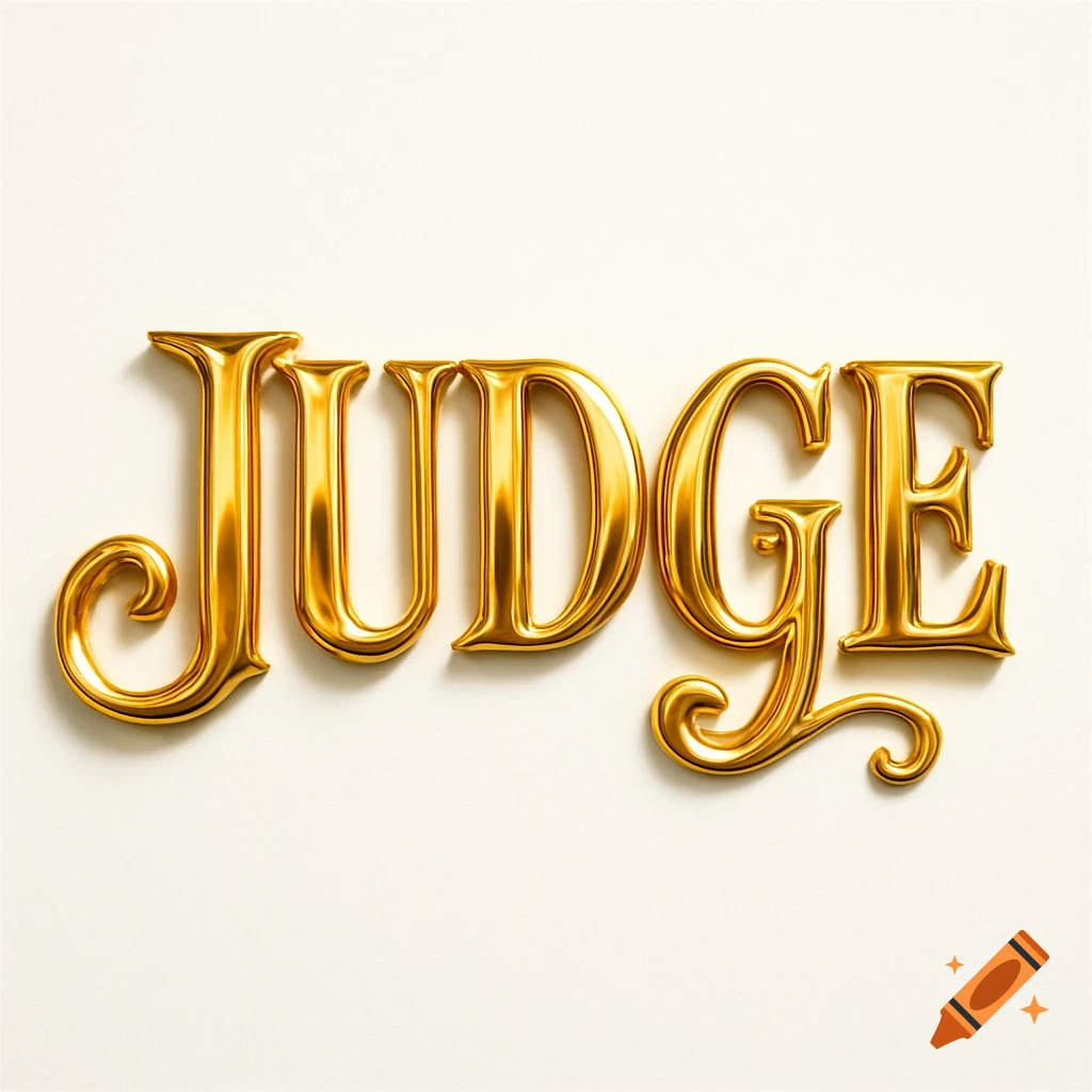 Golden, glossy 3D letters spell the word 'JUDGE' on a clean white background.