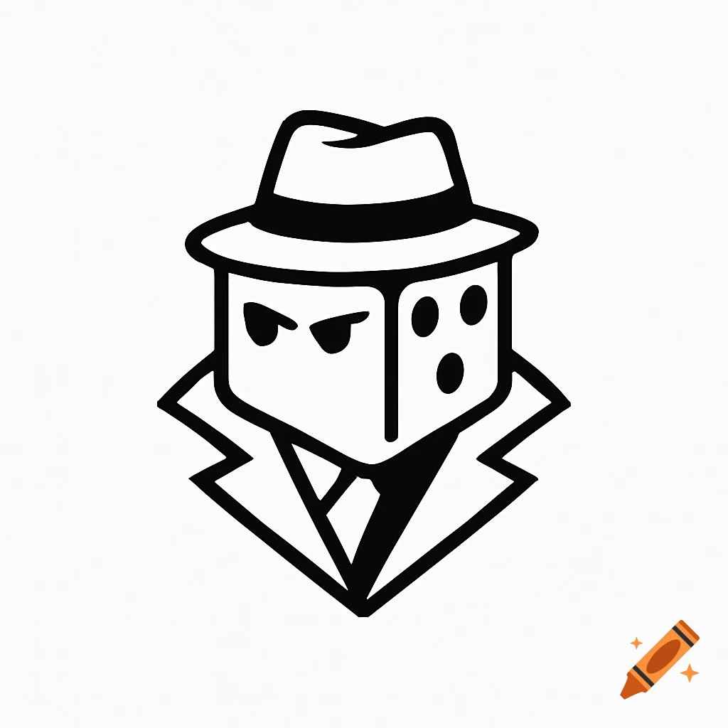 Black and white minimalist logo of a dice wearing a fedora and trench coat, resembling a detective.