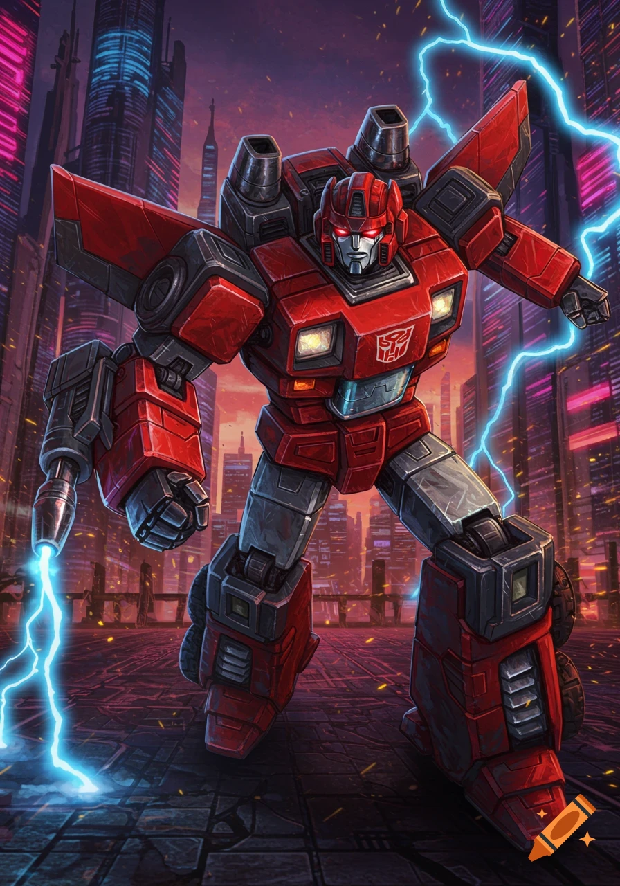 Red and grey Transformers G1 Cliffjumper robot stands dynamically in a neon-lit futuristic city with lightning.