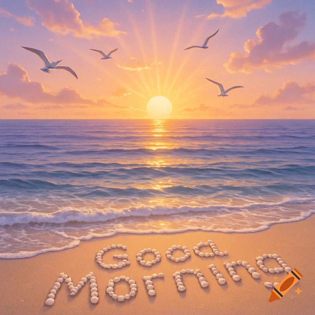 Sunrise over a calm ocean beach with seagulls flying and 'Good Morning' written in shells on the sand.