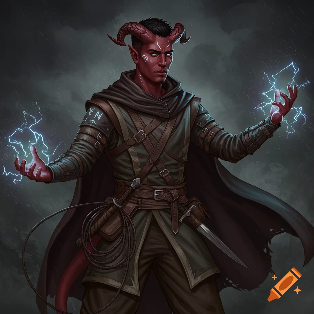 A red-skinned male tiefling sorcerer with short horns and black hair, wearing a dark hooded cloak and leather adventurer gear, conjures lightning from his hands and runic markings.
