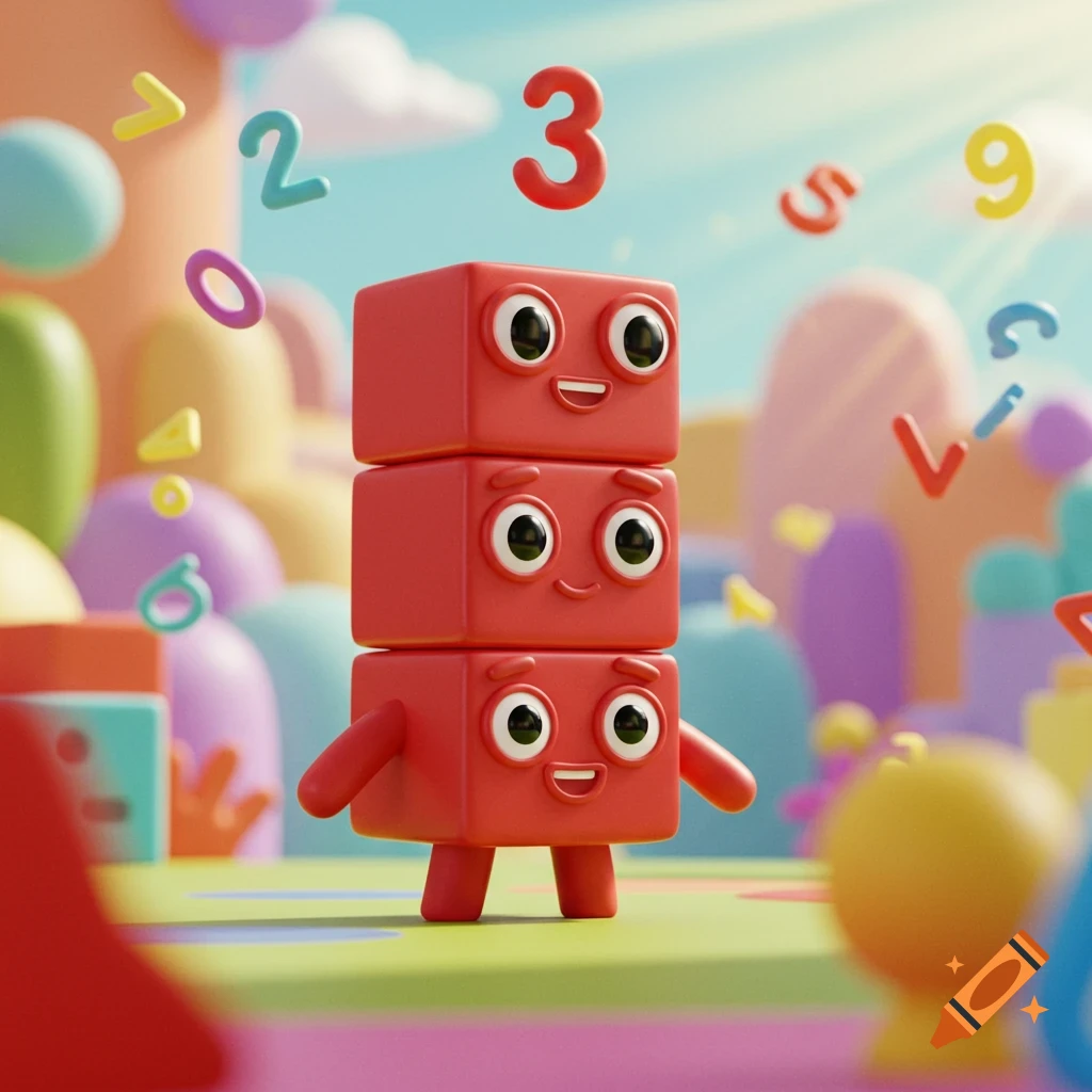 Three stacked red block-like cartoon characters with happy faces stand in a vibrant, colorful landscape with various floating numbers.