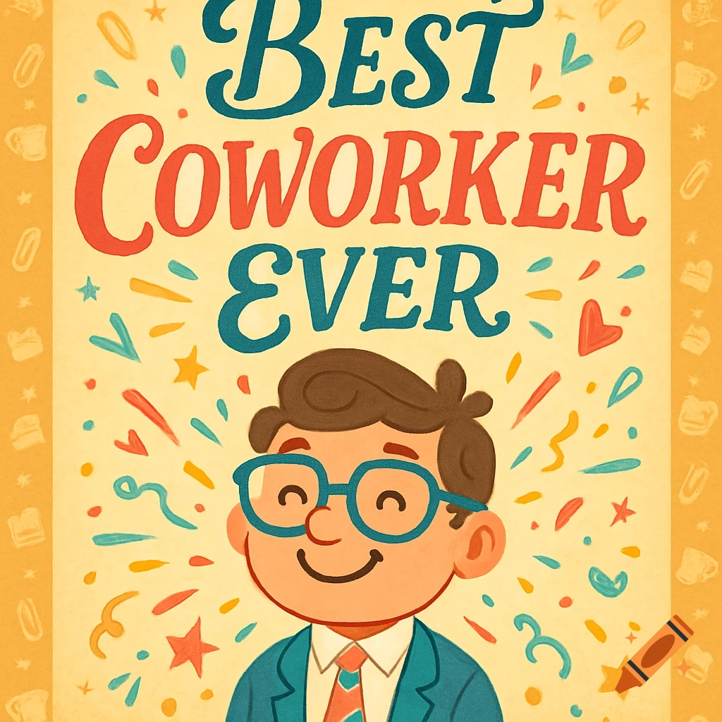 A cheerful illustration of a smiling person in glasses and a suit, with "BEST COWORKER EVER" text and confetti.
